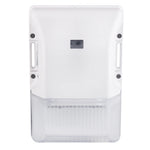 A white plastic wall-mounted outdoor light fixture with a clear ribbed lower cover, shown against a plain white background.