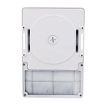 White rectangular mounting bracket or enclosure cover with a circular top section, a central screw fastener, side cutouts, and a lower grid-patterned section, shown on a plain white background.