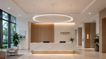 A modern hotel lobby reception area with a white marble front desk, warm wood slat wall, and a circular LED pendant light overhead. The wall displays the text 'HORIZON SUITES'.