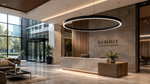 Modern office lobby interior with a large circular pendant light, marble reception desk, wood slat wall, and the visible brand name SUMMIT CORPORATE CENTER on the wall.