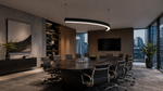 A modern conference room with a large oval wooden table, black office chairs, a curved black ceiling light, wood-paneled walls, and floor-to-ceiling windows overlooking a city skyline.