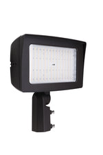 Black rectangular led flood light with integrated photocell and clear diffuser panel showing led array