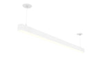 Modern white rectangular led suspended linear fixture with direct indirect illumination and selectable wattage and cct