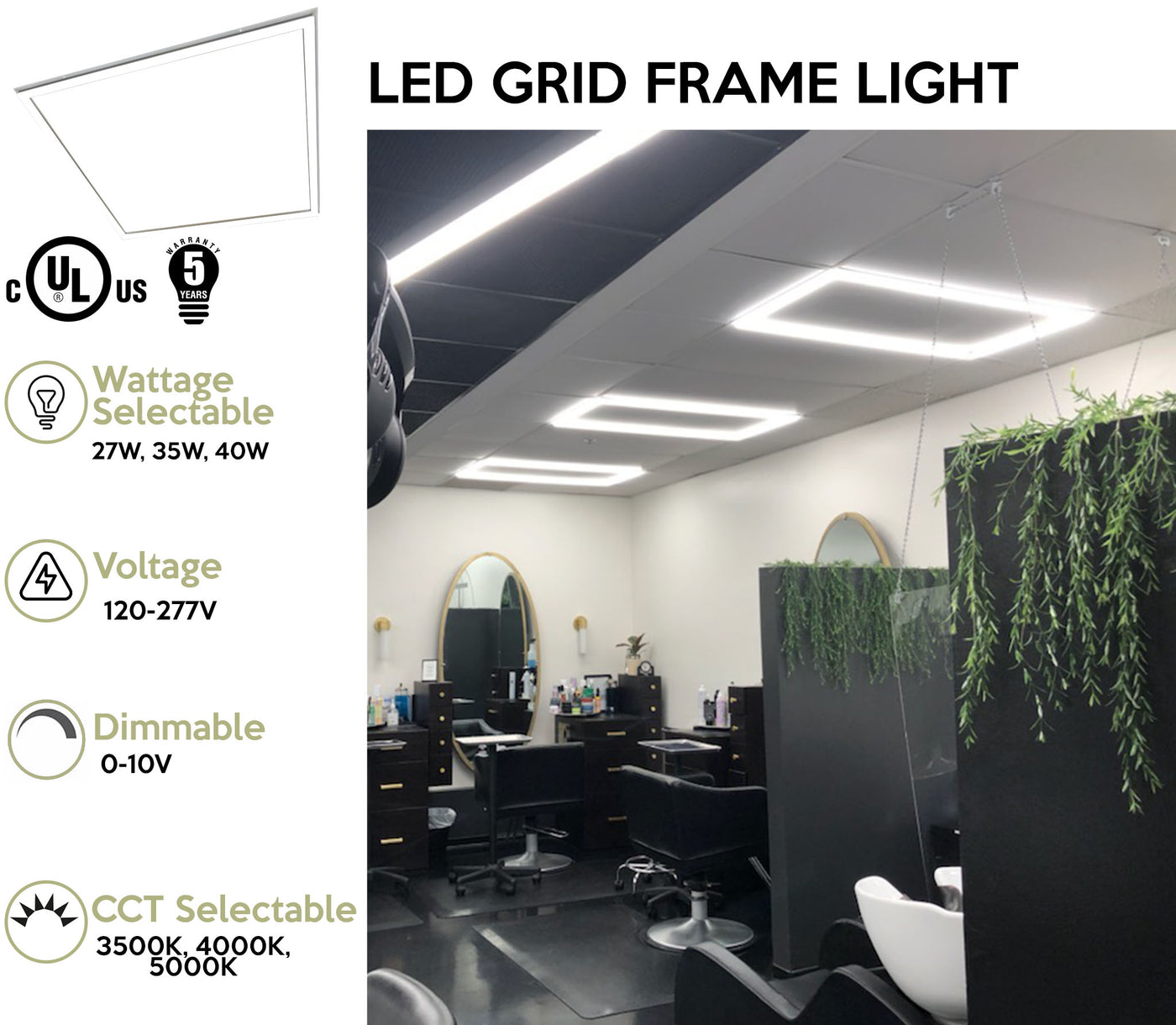 2 x 2 LED Grid Frame Light, 4000 Lumens, Selectable Wattage and CCT, 120-277V