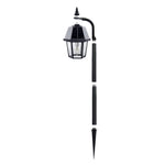 Black solar-powered garden light shepherd with clear glass enclosure and metal frame for outdoor use on shepherd hook