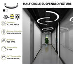 36" Half Circle LED Direct/Indirect Suspended Fixture, 2" Wide, 5880 Lumen Max, Wattage and CCT Selectable, 120-277V, White or Black Finish