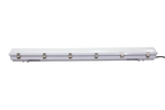 White rectangular 4ft led vapor tight high bay light fixture with five metallic mounting brackets for secure installation