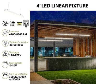 4 FT LED Linear Fixture, IP66 Rated, 8800 Lumen Max,  Wattage and CCT Selectable, Suspended Mount with Linking Kit Option, 120-277V