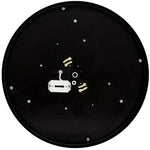 Black circular led fabric drum fixture with white rectangular power connector and bronze finish screws around perimeter