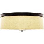 Beige linen-textured led fabric drum ceiling light with dark bronze metallic rim and base 15 inch 1400 lumens