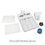 White led area light fixture with three rectangular panels type iii optics and slipfitter mount in white finish