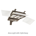Industrial-style led area light 140w with metallic gray housing clear glass panels type iii optics slipfitter mount