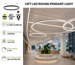 A promotional graphic for a 10FT LED round pendant light, showing the light fixture at the top left, product specs on the left panel, and a modern lobby interior on the right demonstrating the light in use. Text highlights lumens, wattage, voltage, dimmability, and CCT options.