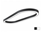 LINA Compact Oval suspended LED fixture in black, shown at an angle with its asymmetrical oval ring and illuminated white diffuser lining the underside; black and white finish swatches shown at bottom right.