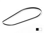 LINA Grand Oval suspended LED fixture in black, shown at an angle with its large asymmetrical oval ring and slim profile, featuring a white diffuser along the underside; black and white finish swatches shown at bottom right.