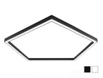 A modern geometric ceiling light fixture with a hexagonal design, featuring a black outer frame and a white inner frame, shown against a plain white background with a small color swatch in the bottom right corner.