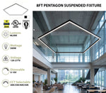 8FT Pentagon LED Direct/Indirect Pendant Light, 2" Wide, 46,000 Lumen Max, Wattage and CCT Selectable, 120-277V, White or Black Finish