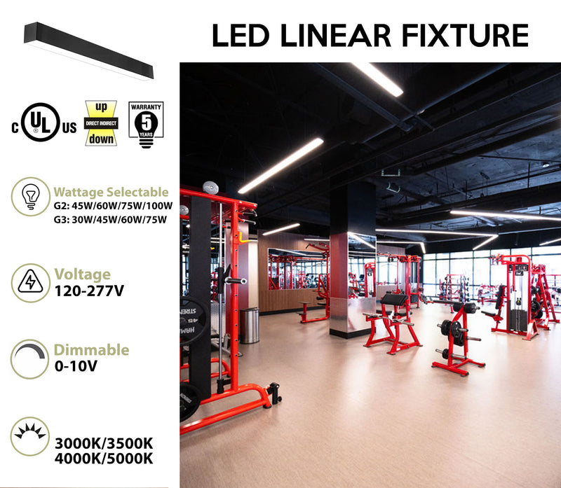 6 FT LED Direct/Indirect Suspended Linear Fixture, 8250 Lumen Max, Wattage and CCT Selectable, 120-277V, Black or White Finish