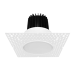 A modern square recessed LED ceiling light fixture with a white perforated outer frame, a circular diffuser, and a black ribbed heat sink on a white background.