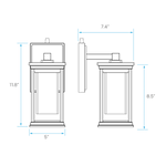 Technical dimension diagram of a wall-mounted lantern light fixture, showing front and side views with measurements including 11.8 inches height, 5 inches width, 7.