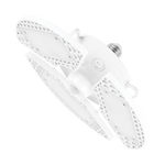 A white plastic multi-light ceiling fan with four LED light panels and a silver screw-in socket, shown on a solid white background.