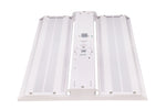 White industrial 2ft led compact linear high bay fixture with ribbed diffuser panels and selectable wattage and cct