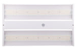 White rectangular 2ft led compact linear high bay fixture with two panels and central motion sensor for high bay lighting