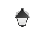 Black metal led post top light with hexagonal glass panel and domed top offering 8400 lumen max for shopping malls
