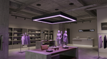 A modern rectangular pendant light with black frame and purple glow featuring an rgbw beam connector in black finish