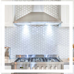 A stainless steel gas range and matching range hood installed in a kitchen with white hexagonal mosaic tile backsplash and white cabinetry.