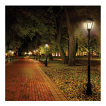 A classic black outdoor garden lamp post with a glowing warm light, situated on a leaf-covered lawn beside a brick pathway in a park at night.