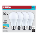 Satco LED light bulbs packaging with four bulbs on a white background
