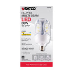 SATCO Hi-Pro Multi Beam LED 30W light bulb packaging on a white background, showing the product photo and key specifications.