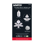 SATCO HI-PRO MULTI BEAM LED lamp packaging card, model S30768, featuring diagrams of the multi-beam light patterns and technical specifications on a black background with a red bottom banner.