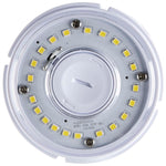 Close-up of a round LED light bulb with visible LEDs on a white background