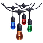 A 48 foot led string light with 15 s14 lamps in blue red green and amber housed in black plastic fixtures