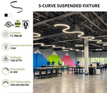 S-curve LED suspended fixture in black or white finish, made of two half-circle sections joined into an S shape