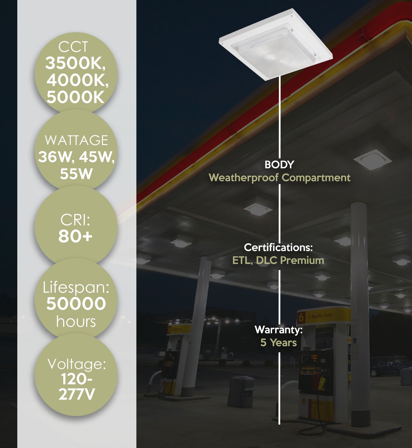 LED Canopy Light, 6,600 Lumens, 120-277V, Selectable Wattage and CCT