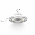 White LED high bay light with a hook on a gray background