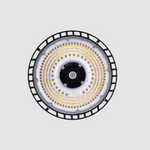 Circular high-intensity discharge (HID) light fixture on a gray background