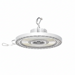 White LED high bay light with a hook on a gray background
