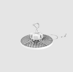White LED high bay light with a hook on a gray background