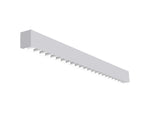 White 4 ft direct indirect suspended linear fixture with sleek modern design and evenly spaced underside notches