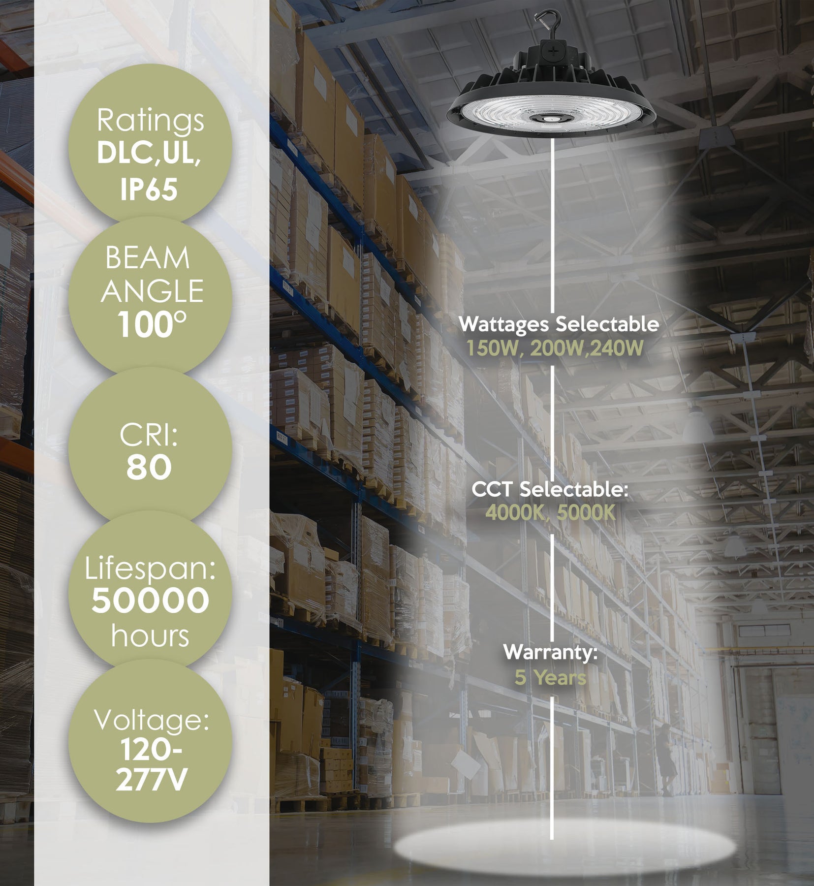 LED UFO High Bay, 36,000 Lumen Max, Wattage and CCT Selectable, Black, 120-277V