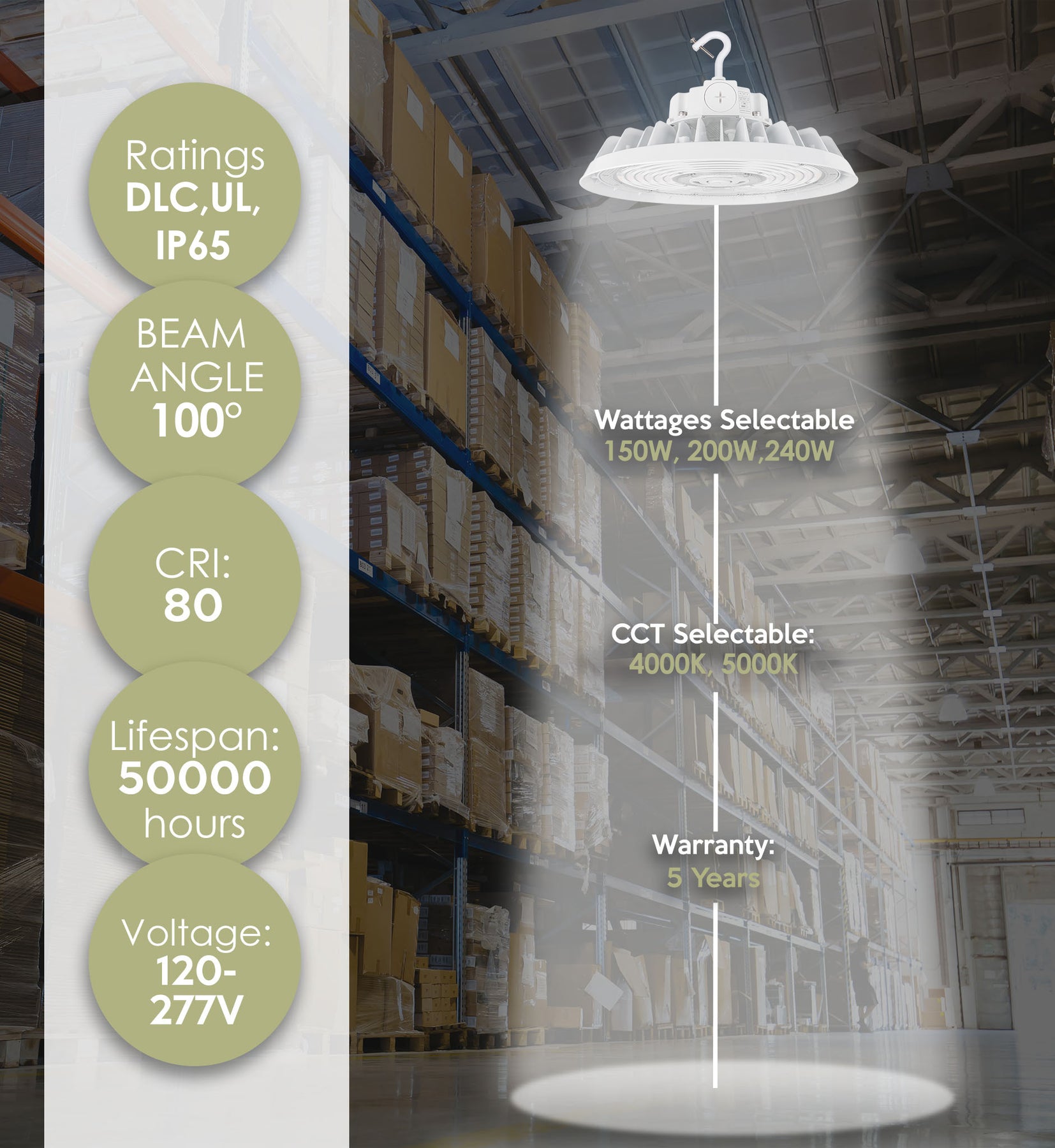 LED UFO High Bay, 36,000 Lumen Max, Wattage and CCT Selectable, White Finish, 120-277V