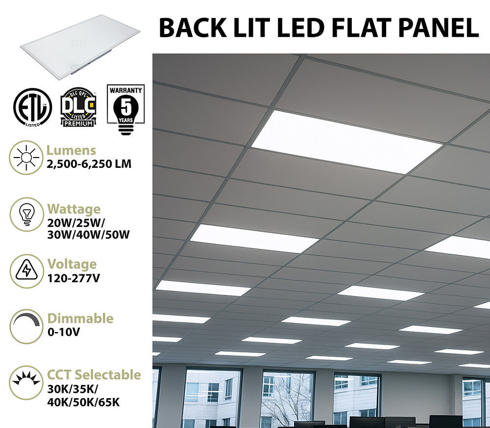 2 x 4 Foot Back Lit LED Flat Panel, 6250 Lumen Max, Selectable Wattage and CCT, Dimmable, 120-277V
