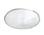 Circular Aries G5 LED ufo high bay with frosted glass diffuser, radial ridges, and silver metallic frame white finish