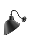 A matte black metal wall sconce with a conical shade and curved gooseneck arm, shown against a plain white background.