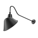 A matte black metal swing-arm wall sconce with a conical shade, shown against a plain white background.