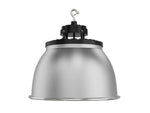 Industrial-style silver dome-shaped ufo high bay pendant light with black mounting bracket for high bay lighting